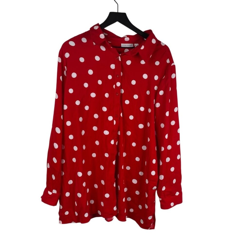Susan Graver Top Women's Long Sleeve Button Up Tunic Polka Dot Red Size 2X